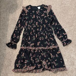 Crewcuts Black Floral Ruffle Dress with Pink & Green Blossoms